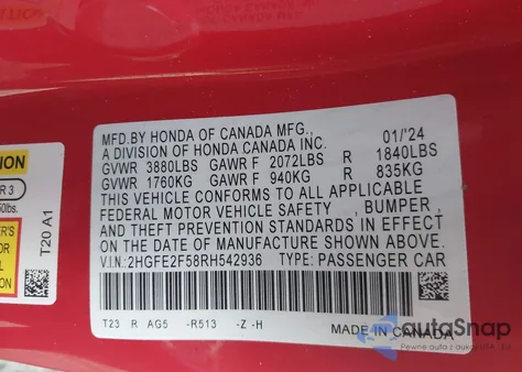 2024 Honda Civic Sport z USA, uszkodzony, nr VIN 2HGFE2F58RH542936